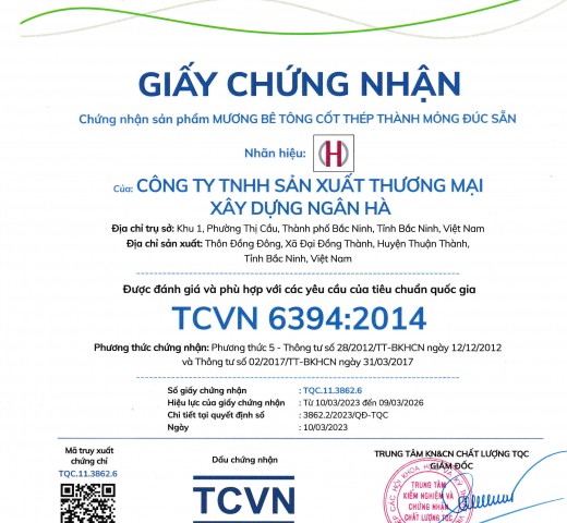 Giấy chứng nhận sản phẩm Mương bê tông cốt thép thành mỏng đúc sẵn