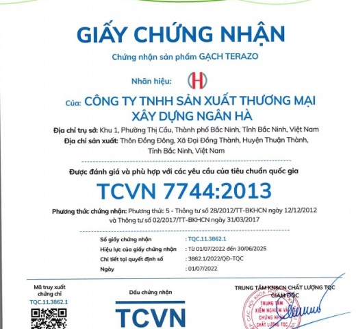 Chứng nhận chất lượng gạch Terazo